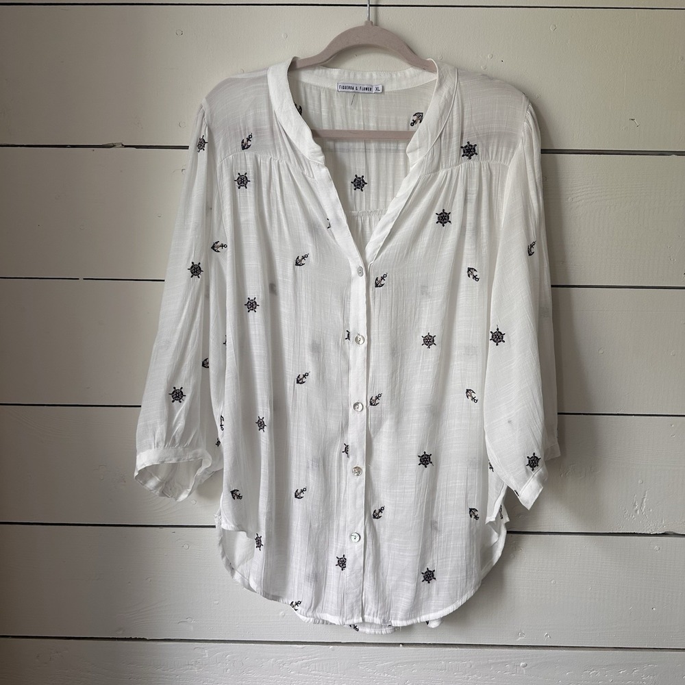 Figueroa & Flower White Nautical Embroidered Peasant Blouse XL Coastal Boho